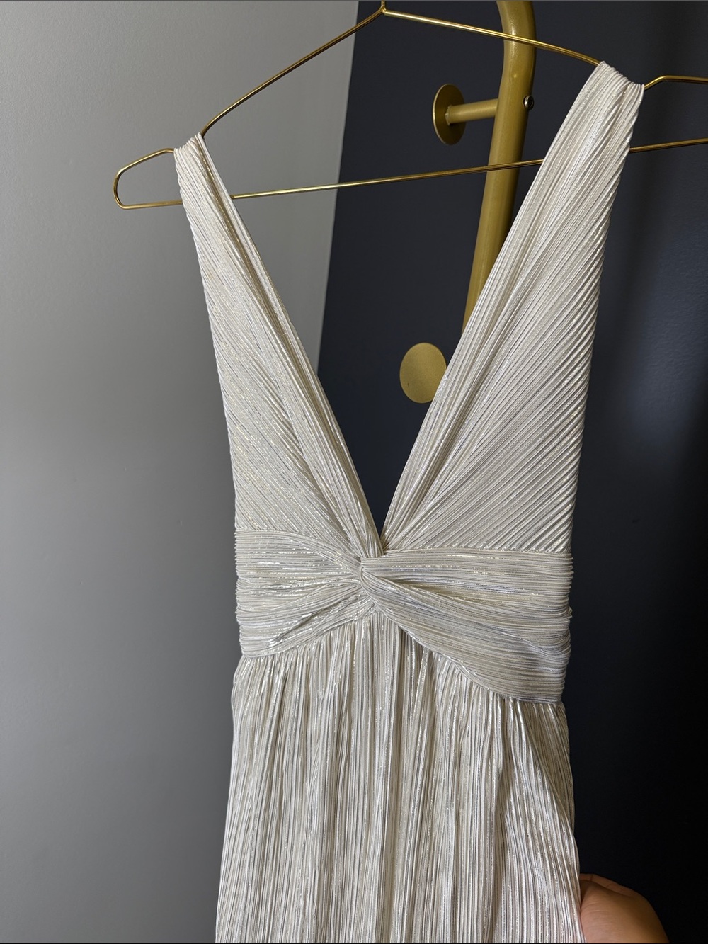 Sabina Musayev Ivory Plissé Deep V Knot-Front Evening Dress